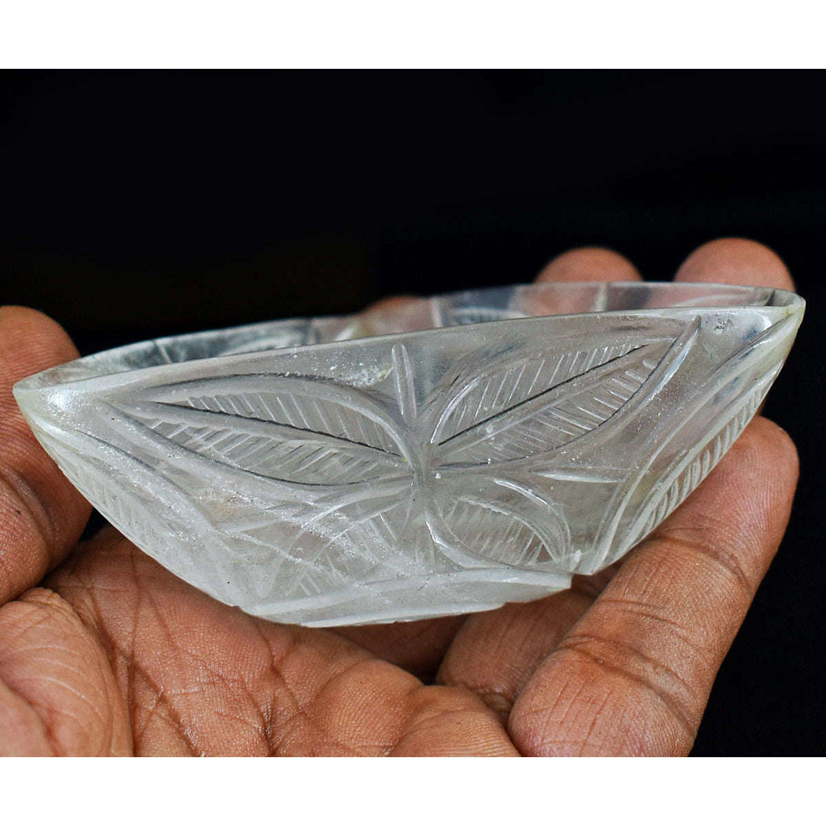 gemsmore:Exclusive White Quartz Hand Carved Genuine Crystal Gemstone Carving Bowl