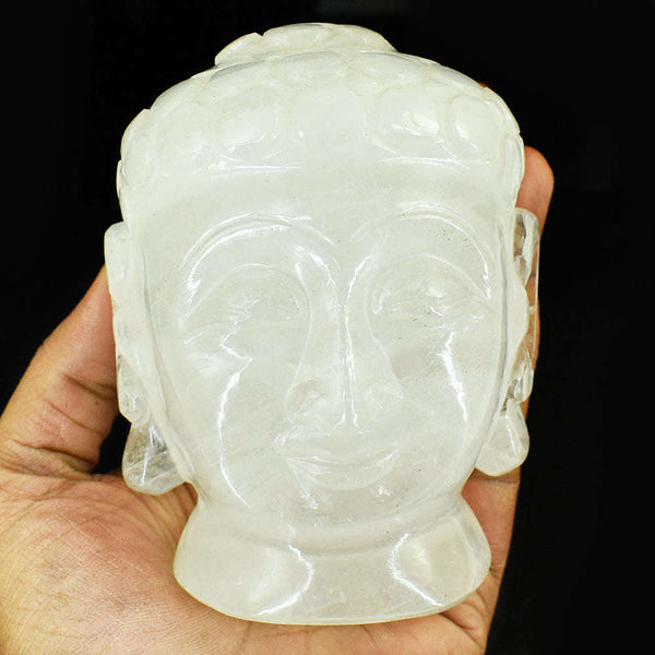 gemsmore:Exclusive White Quartz  Hand Carved Genuine Crystal Gemstone Carving Buddha Head