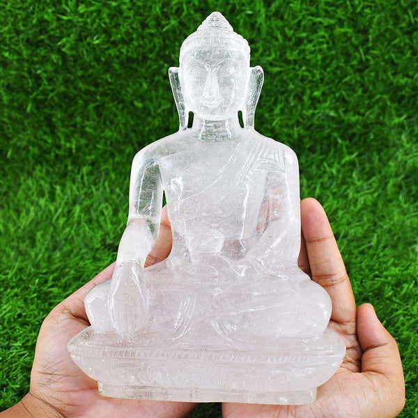gemsmore:Exclusive White Quartz Hand Carved Genuine Crystal Gemstone Carving Huge Lord Buddha