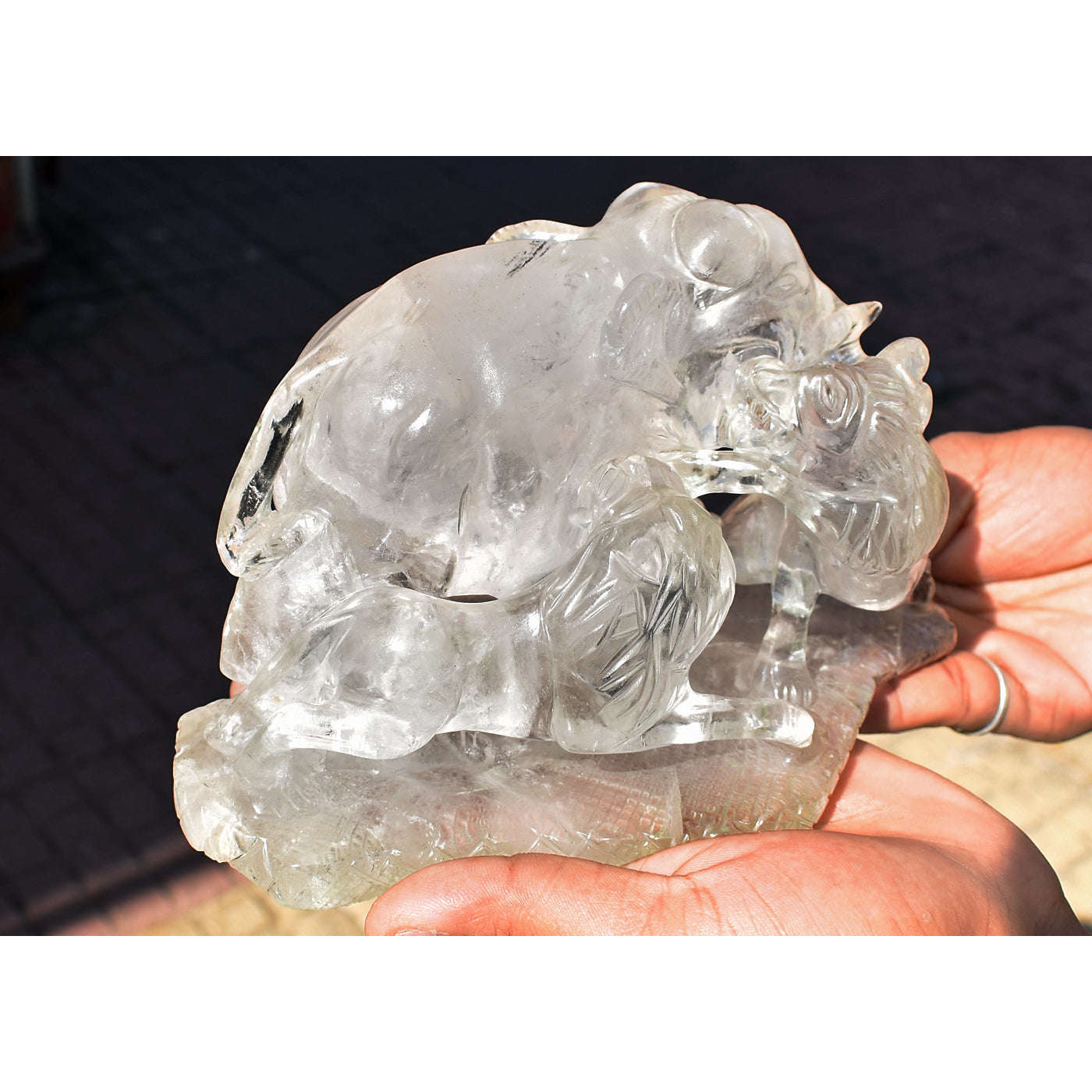 gemsmore:Exclusive White Quartz Hand Carved Genuine Crystal Twin Hunters Elephant