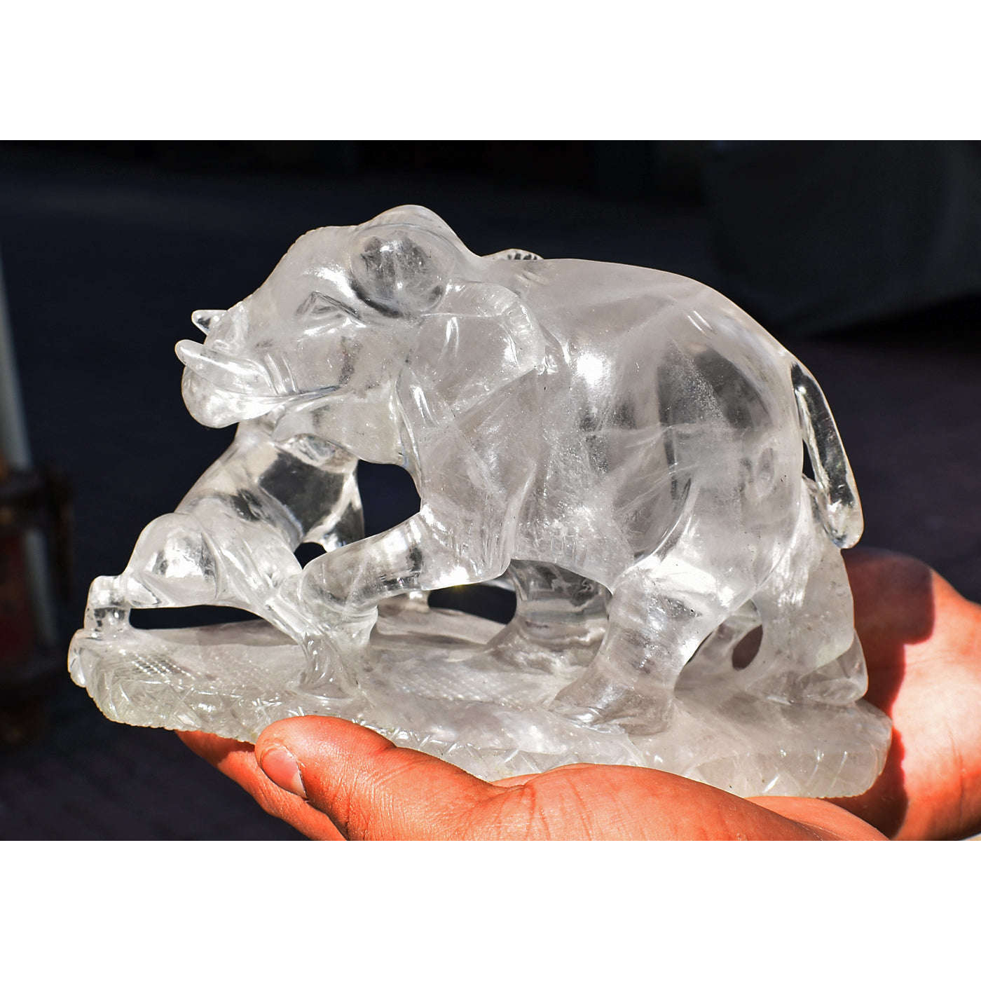 gemsmore:Exclusive White Quartz Hand Carved Genuine Crystal Twin Hunters Elephant