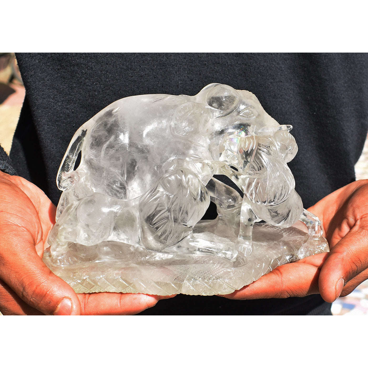 gemsmore:Exclusive White Quartz Hand Carved Genuine Crystal Twin Hunters Elephant