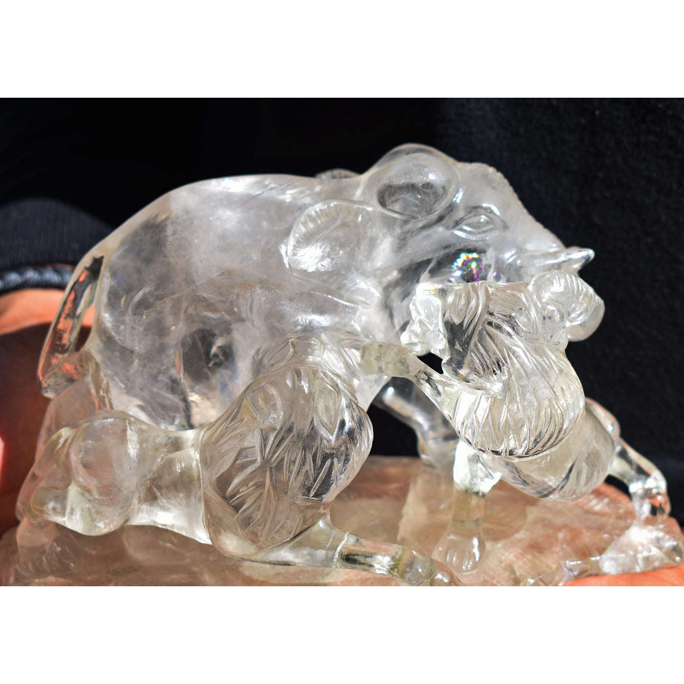 gemsmore:Exclusive White Quartz Hand Carved Genuine Crystal Twin Hunters Elephant