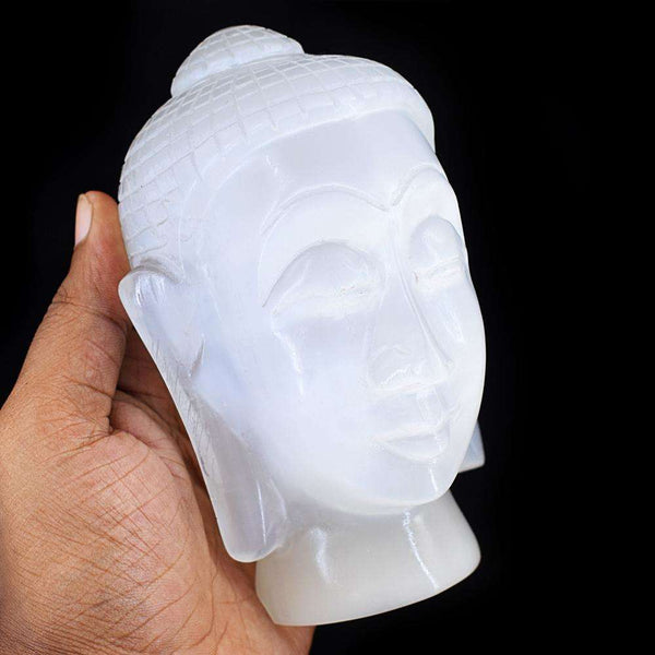 gemsmore:Exclusive White Selenite Hand Carved Crystal Buddha Head