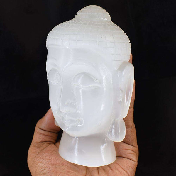 gemsmore:Exclusive White Selenite Hand Carved Crystal Gemstone Buddha Head