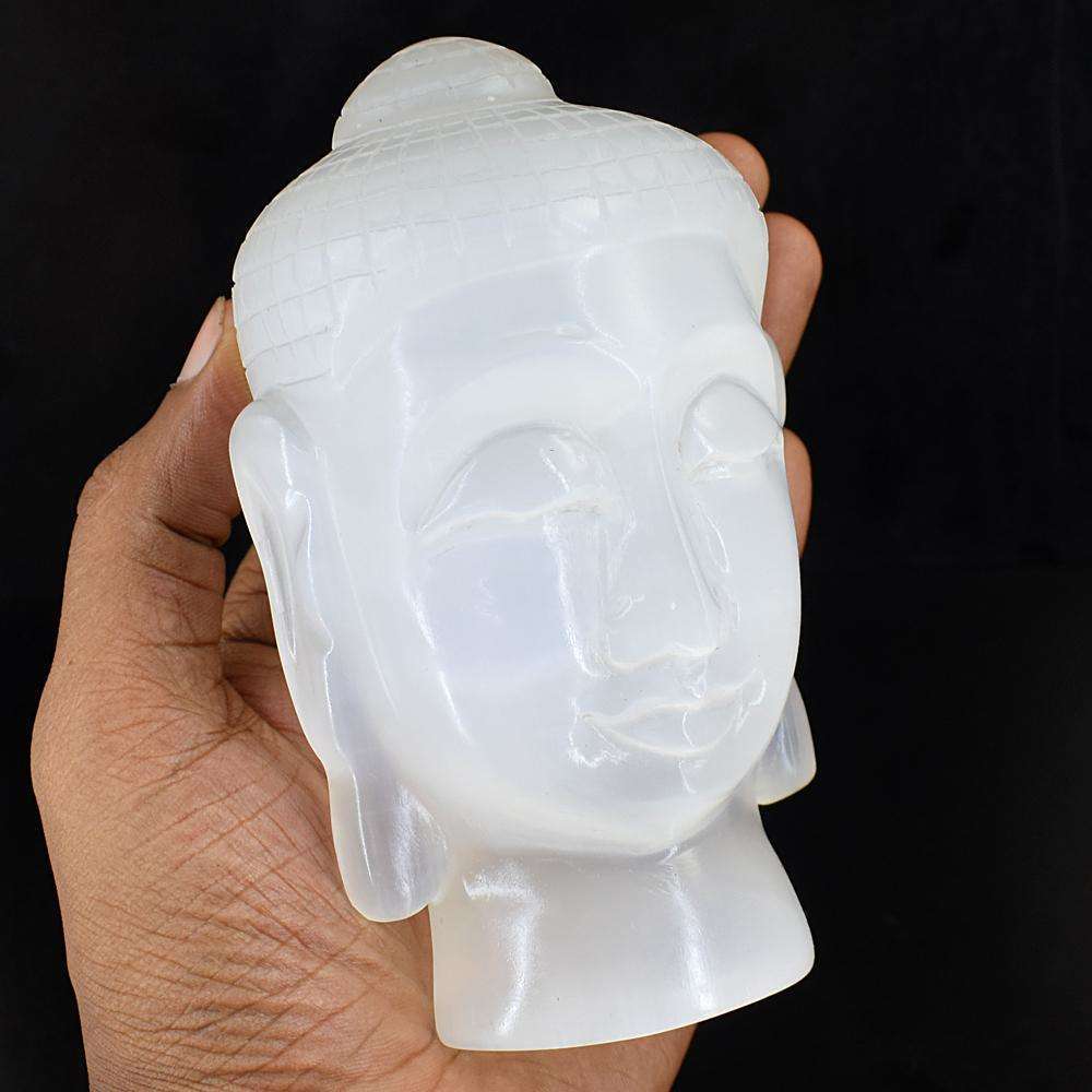 gemsmore:Exclusive White Selenite Hand Carved Crystal Gemstone Buddha Head