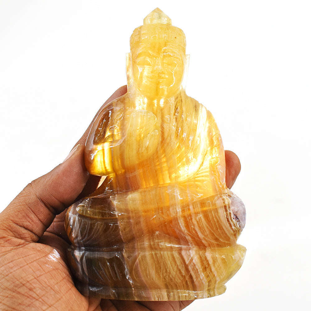 gemsmore:Exclusive Yellow Fluorite Hand Carved Lord Buddha