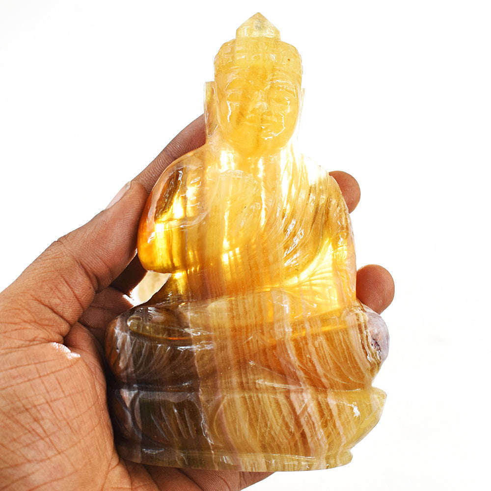 gemsmore:Exclusive Yellow Fluorite Hand Carved Lord Buddha