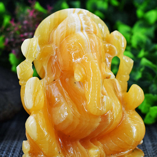 gemsmore:Exclusive Yellow Rhodocrosite Hand Carved Genuine Crystal Gemstone Carving Lord Ganesha