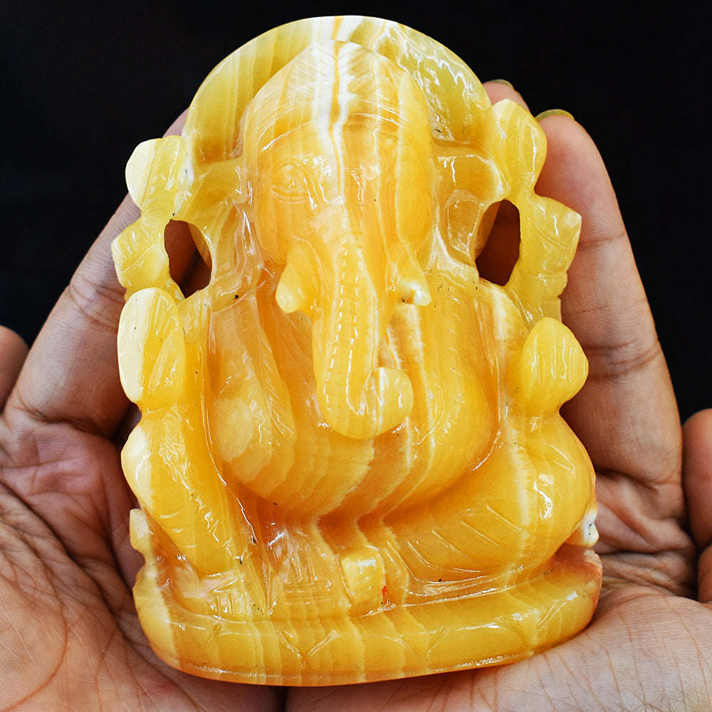 gemsmore:Exclusive Yellow Rhodocrosite Hand Carved Genuine Crystal Gemstone Carving Lord Ganesha