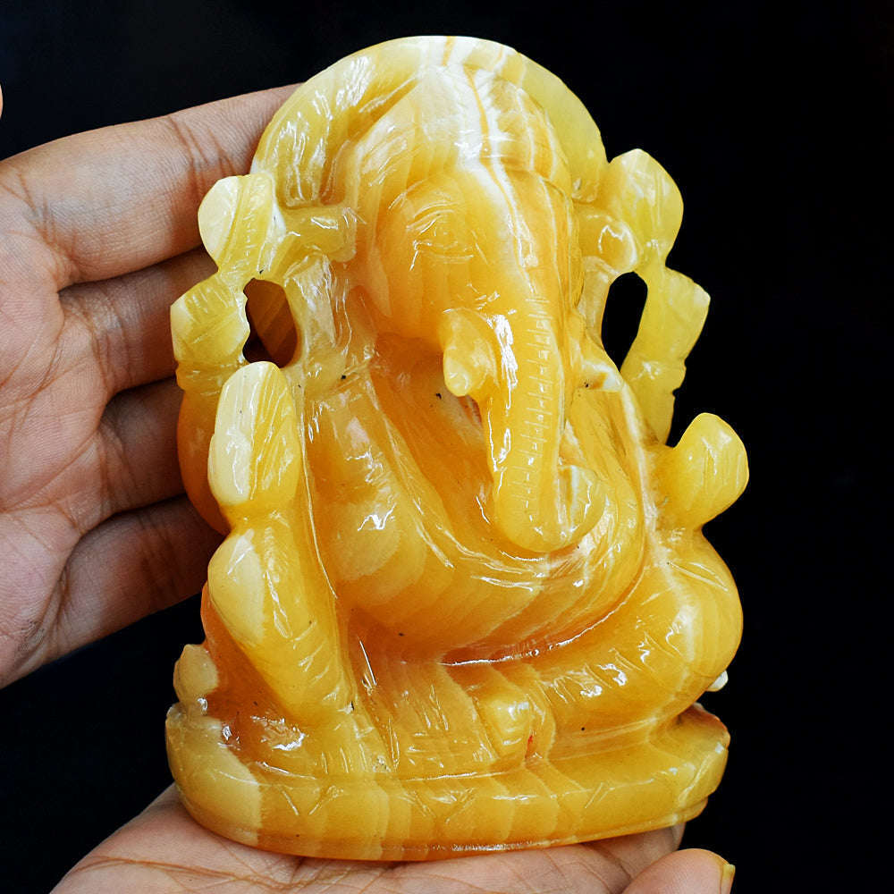 gemsmore:Exclusive Yellow Rhodocrosite Hand Carved Genuine Crystal Gemstone Carving Lord Ganesha