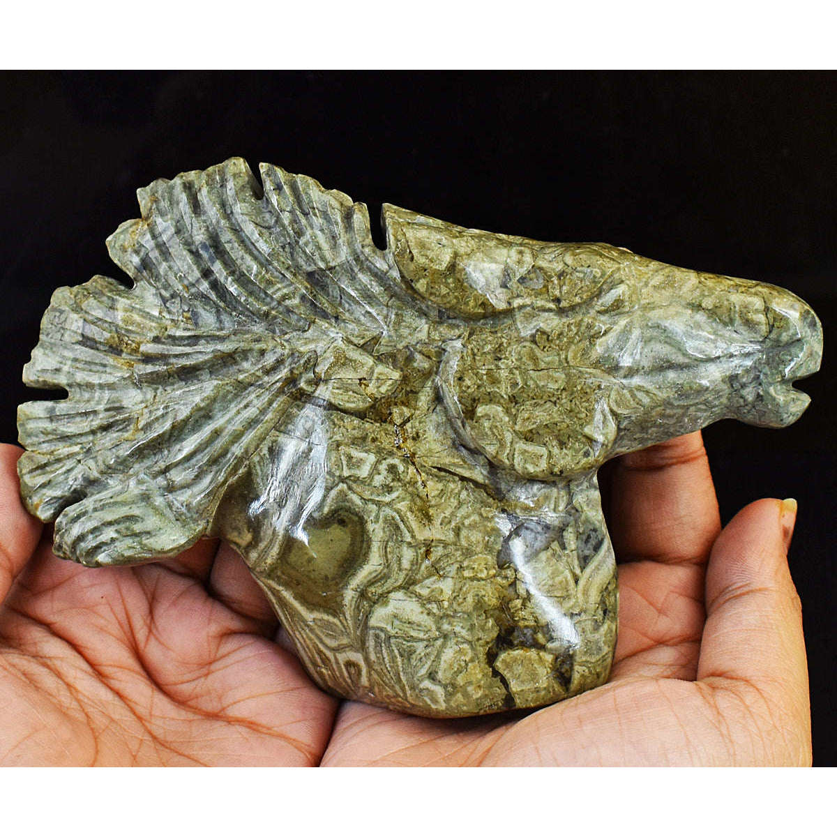 gemsmore:Exlcusive Mushroom Rhyolite Hand Carved Horse Head