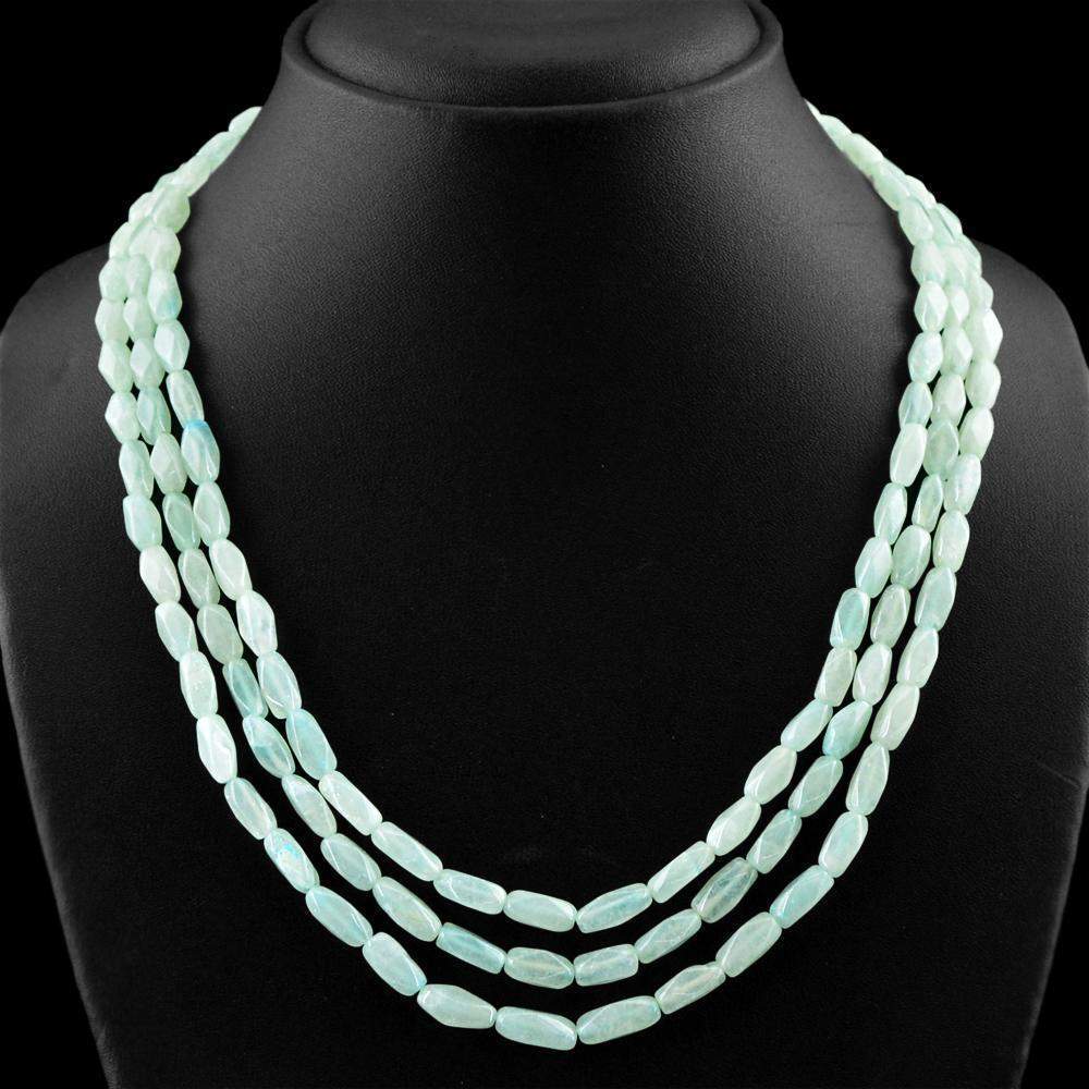 gemsmore:Faceted Green Aquamarine Necklace Natural 3 Line Untreated Beads
