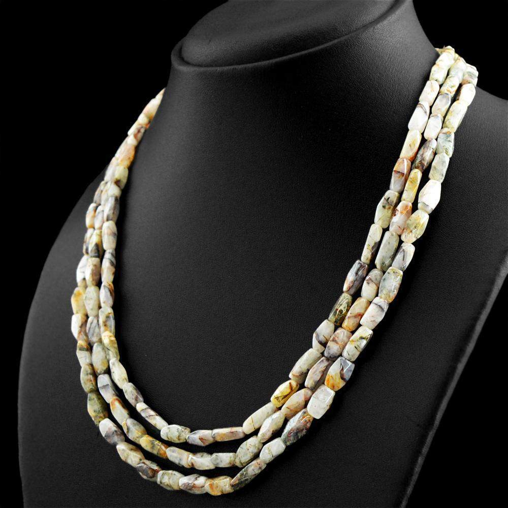 gemsmore:Faceted Natural Rutile Quartz Necklace 3 Line Untreated Beads