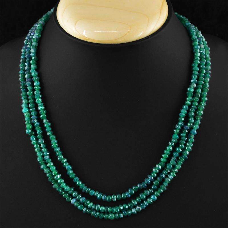 gemsmore:Faceted Untreated Green Emerald Necklace Natural 3 Strand Genuine Beads