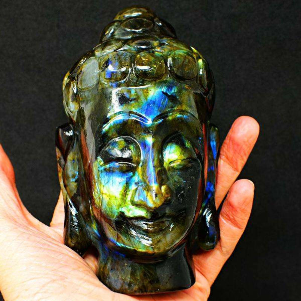 gemsmore:Fascinating Amazing Flash Labradorite Hand Carved Buddha Head