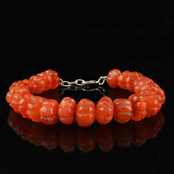 gemsmore:Flower Carved Orange Carnelian Bracelet Round Shape - Natural Beads