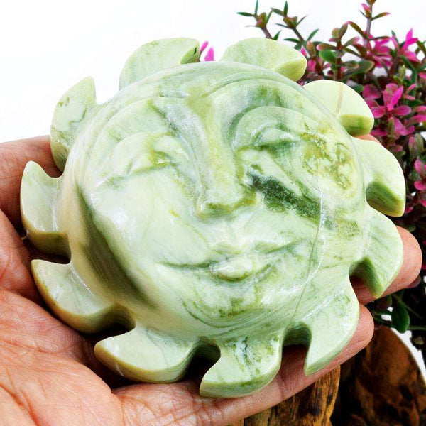 gemsmore:Forest Green Jasper Hand Carved Sun Face Gemstone