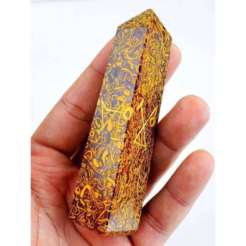 gemsmore:Carved Golden Art Jasper Point With Healing Symbols
