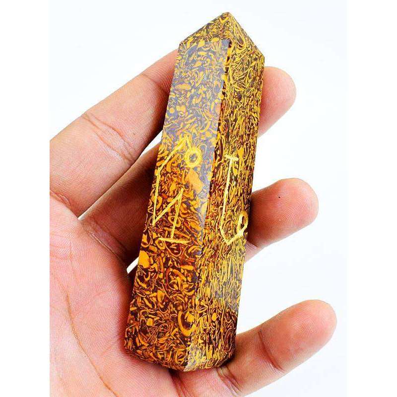 gemsmore:Carved Golden Art Jasper Point With Healing Symbols