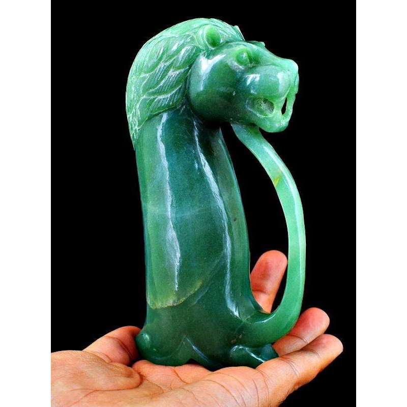 gemsmore:Exclusive Green Aquamarine Lion Designer Hand Carved Sword Handle