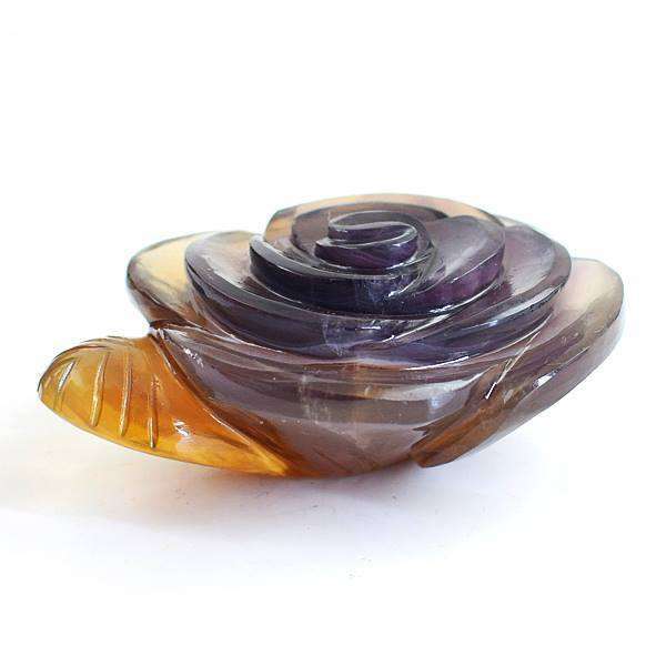 gemsmore:Multicolor Fluorite Hand Carved Rose Flower With Leaf