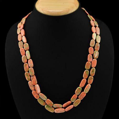 gemsmore:Genuine 2 Line Blood Green Unakite Beads Necklace