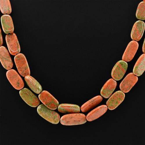 gemsmore:Genuine 2 Line Blood Green Unakite Beads Necklace