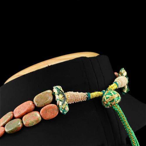 gemsmore:Genuine 2 Line Blood Green Unakite Beads Necklace