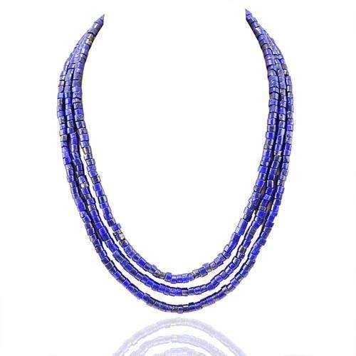 gemsmore:Genuine 3 Line Blue Lapis Lazuli Beads Necklace