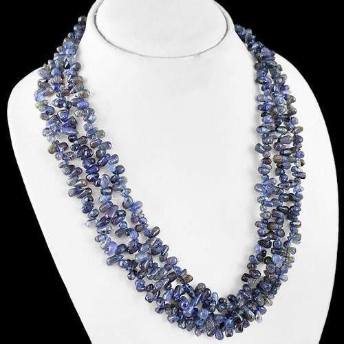 gemsmore:Genuine 3 Line Blue Tanzanite Beads Necklace