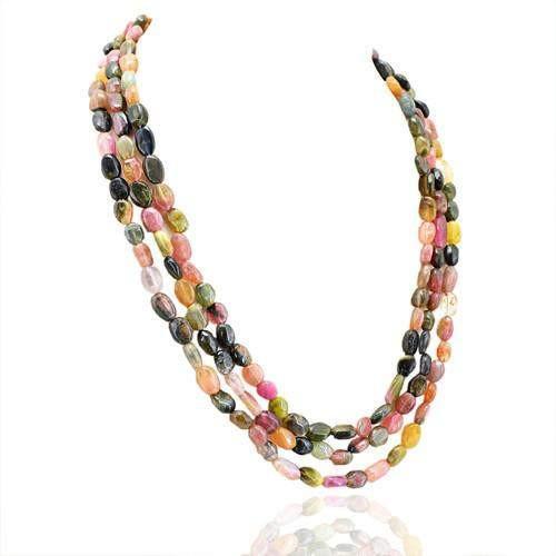 gemsmore:Genuine 3 Line Watermelon Tourmaline Beads Necklace