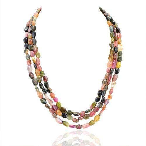 gemsmore:Genuine 3 Line Watermelon Tourmaline Beads Necklace