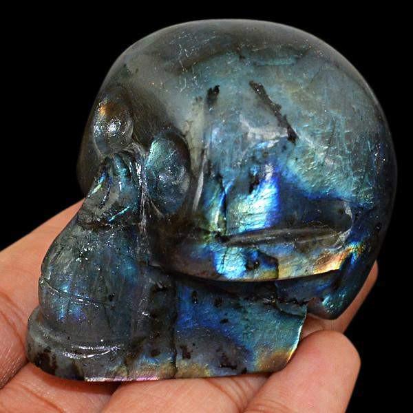 gemsmore:Genuine 736.00 Cts Labradorite Carved Skull Gemstone