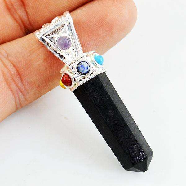 gemsmore:Genuine Amazing Black Spinel Seven Chakra Healing Point Pendant