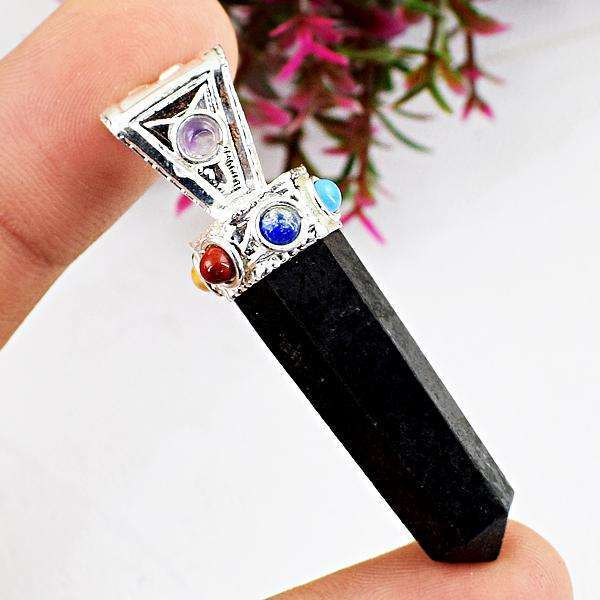 gemsmore:Genuine Amazing Black Spinel Seven Chakra Healing Point Pendant