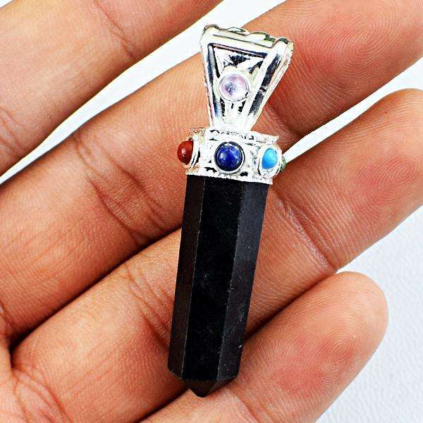 gemsmore:Genuine Amazing Black Spinel Seven Chakra Healing Point Pendant