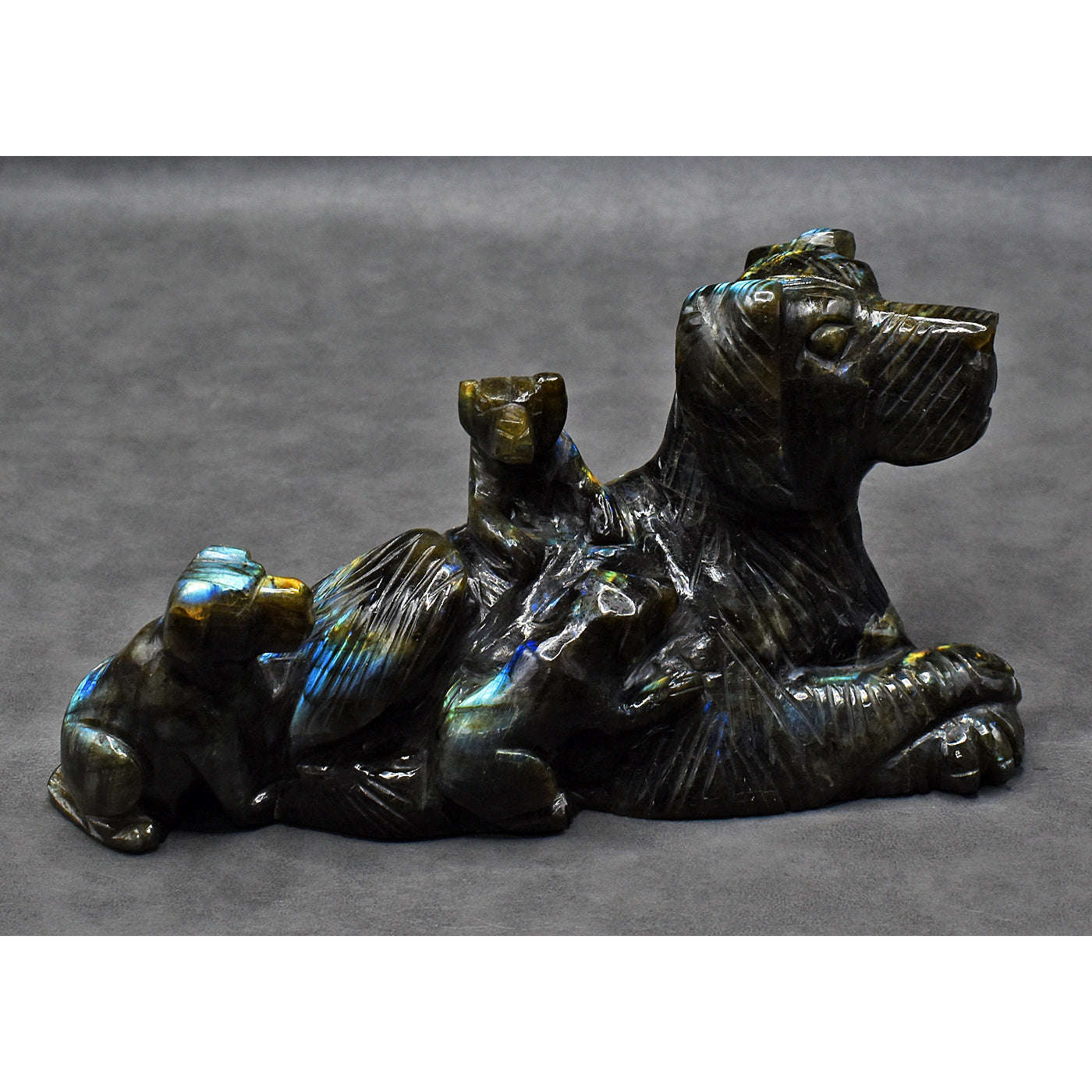 gemsmore:Genuine Amazing Flash Labradorite Carved Dog Family
