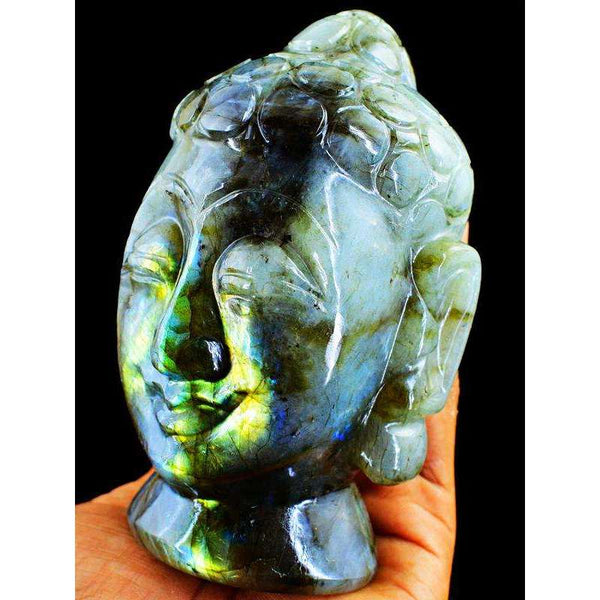 gemsmore:Genuine Amazing Flash Labradorite Carved Lord Buddha Head Idol