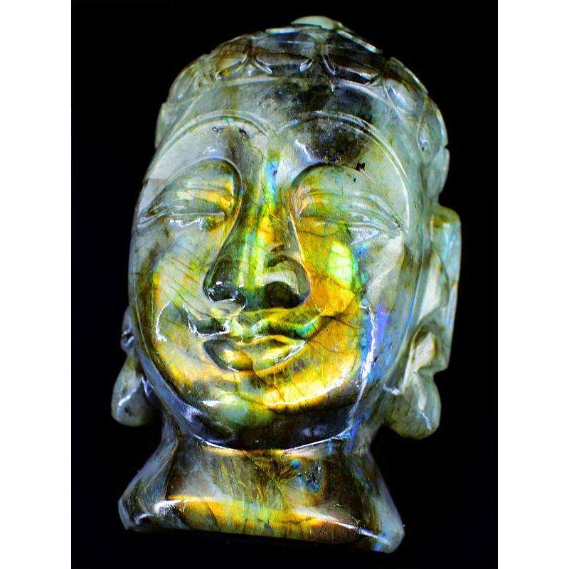 gemsmore:Genuine Amazing Flash Labradorite Carved Lord Buddha Head Idol