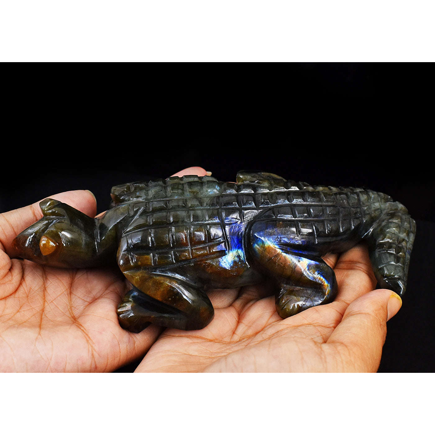 gemsmore:Genuine Amazing Flash Labradorite Hand Carved Crocodile