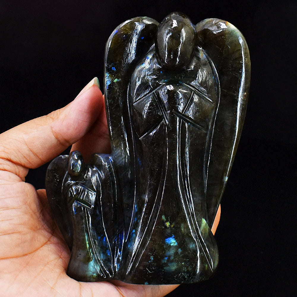 gemsmore:Genuine Amazing Flash Labradorite Hand Carved Genuine Crystal Gemstone Carving Mother & Son Angel