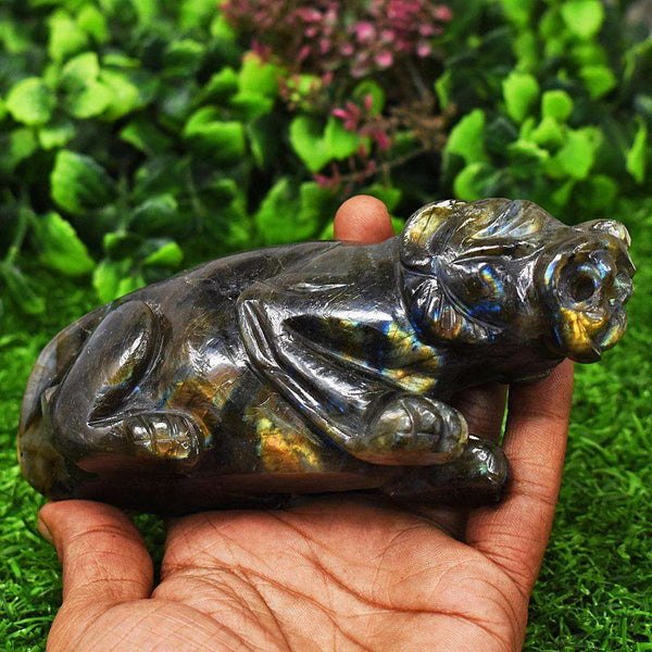 gemsmore:Genuine Amazing Flash Labradorite Hand Carved Lion