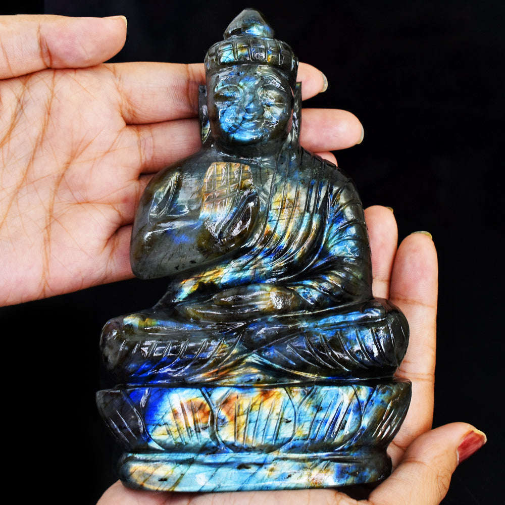 gemsmore:Genuine Amazing Flash Labradorite  Hand Carved Lord Buddha