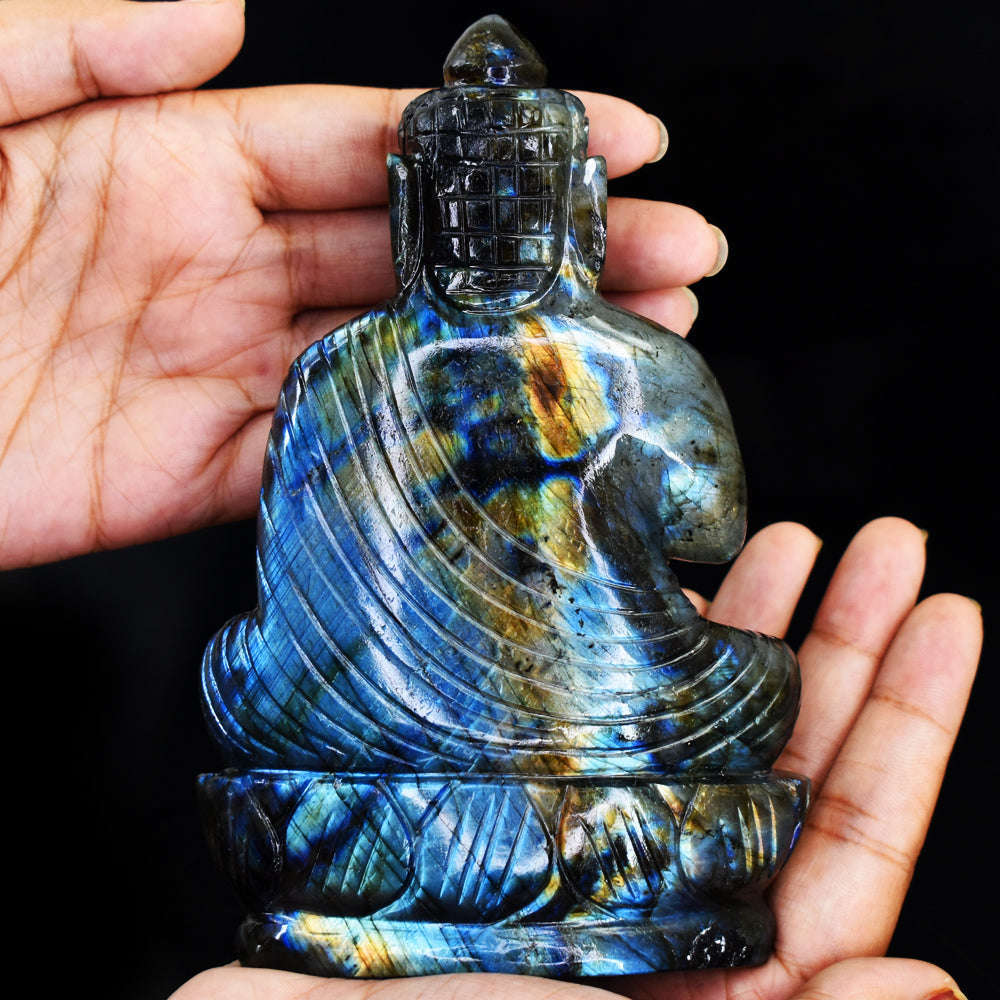 gemsmore:Genuine Amazing Flash Labradorite  Hand Carved Lord Buddha