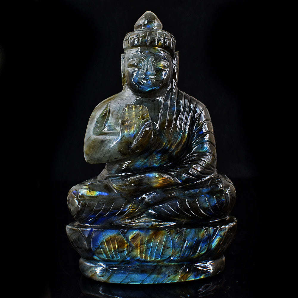 gemsmore:Genuine Amazing Flash Labradorite  Hand Carved Lord Buddha