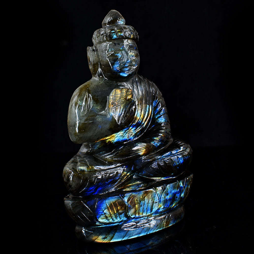 gemsmore:Genuine Amazing Flash Labradorite  Hand Carved Lord Buddha