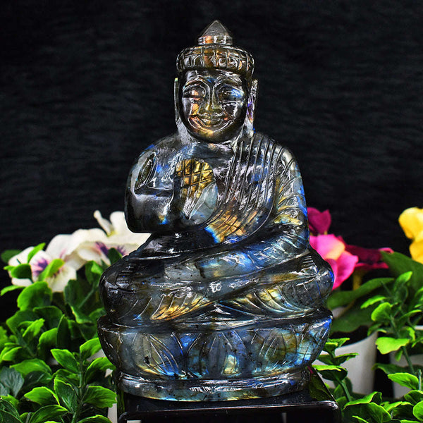 gemsmore:Genuine Amazing Flash Labradorite Hand Carved Lord Buddha