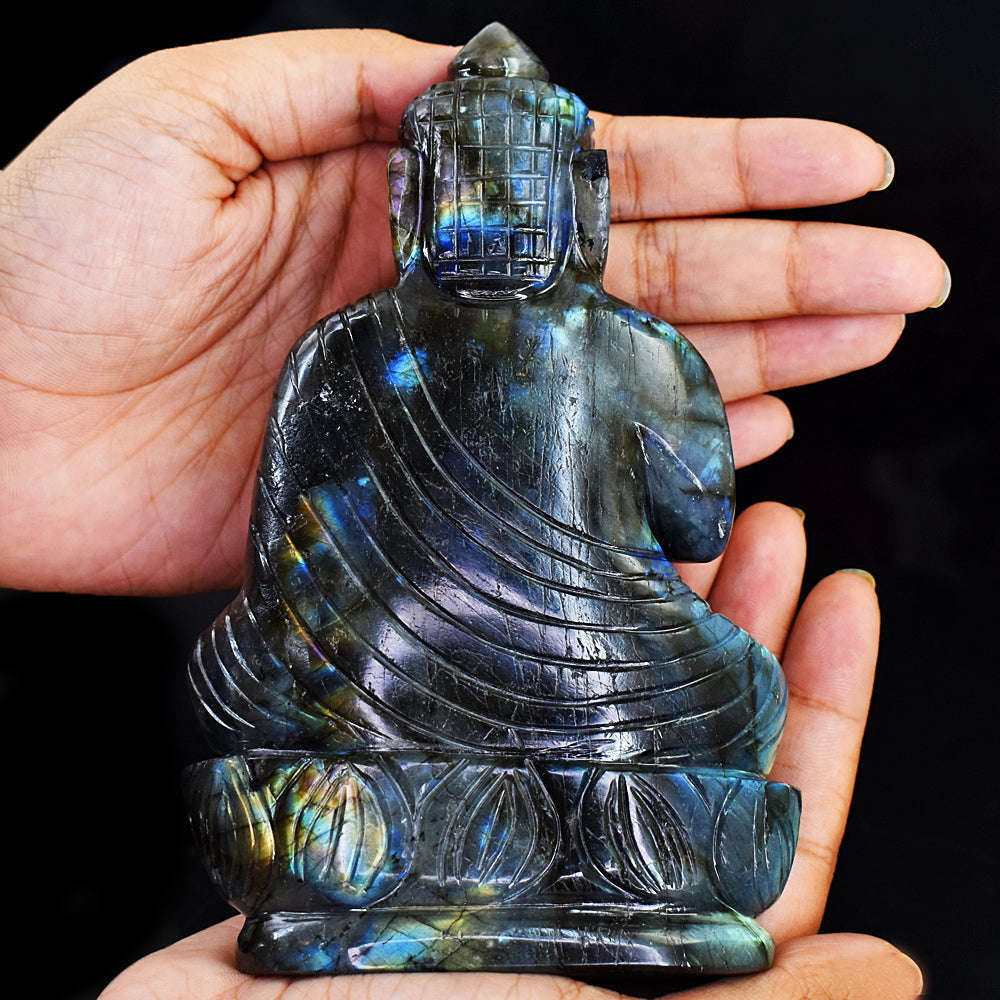 gemsmore:Genuine Amazing Flash Labradorite Hand Carved Lord Buddha
