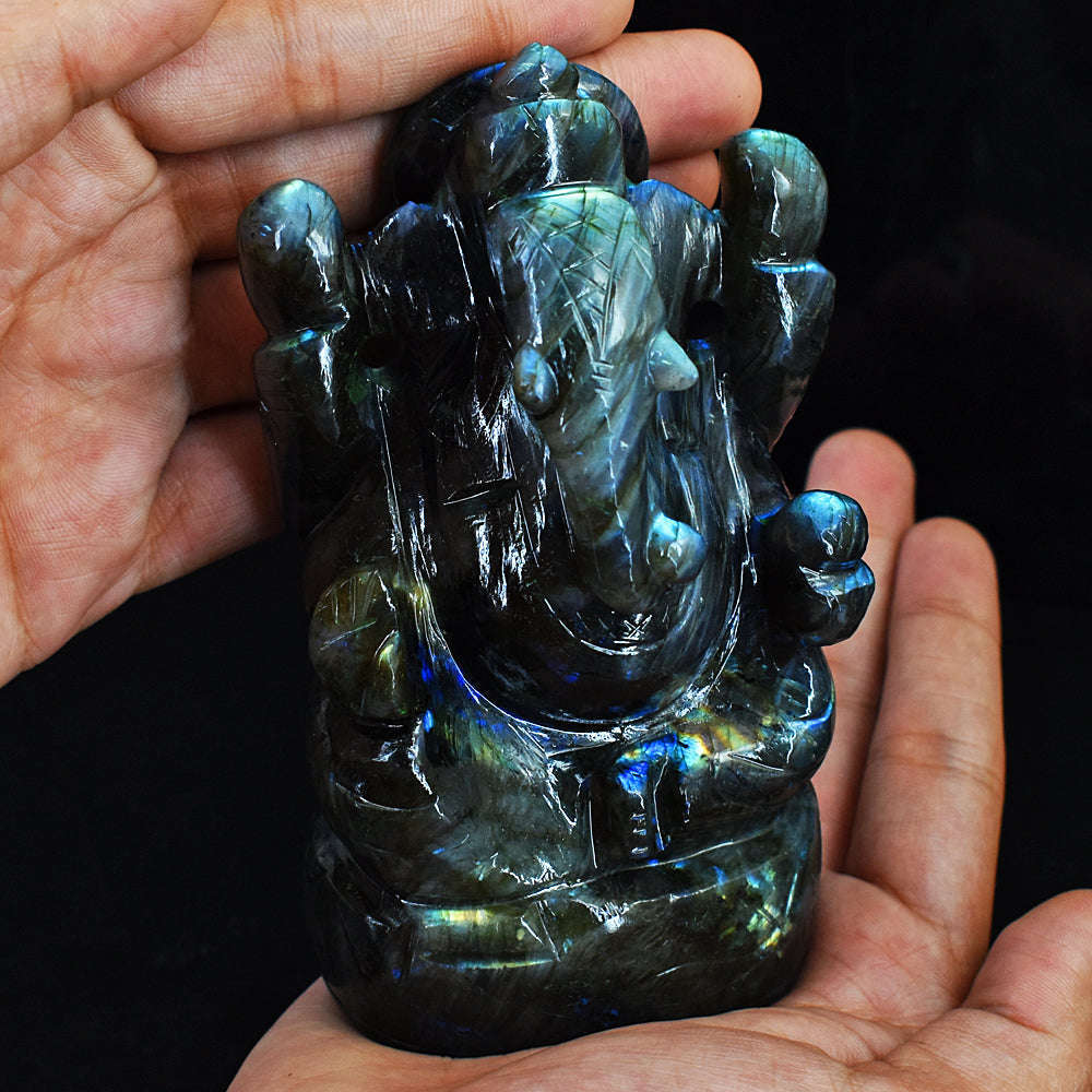 gemsmore:Genuine Amazing Flash Labradorite  Hand Carved Lord Ganesha